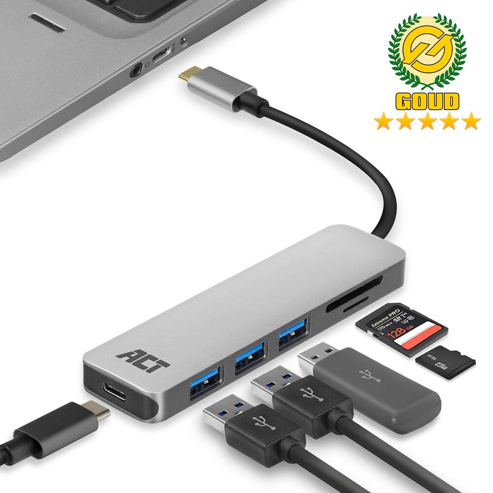 ACT USB-C hub 3.0, 3x USB-A, cardreader, PD pass-through (AC7050)