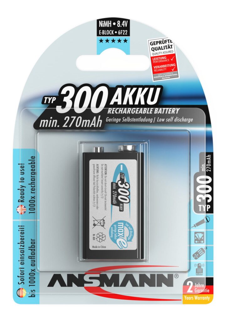 Ansmann NiMH Accu 9 volt E blok Typ 300 maxE 1er blister (5035453)